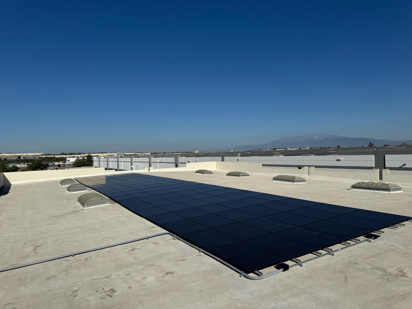 Rows of black solar panels on a commercial flat roof